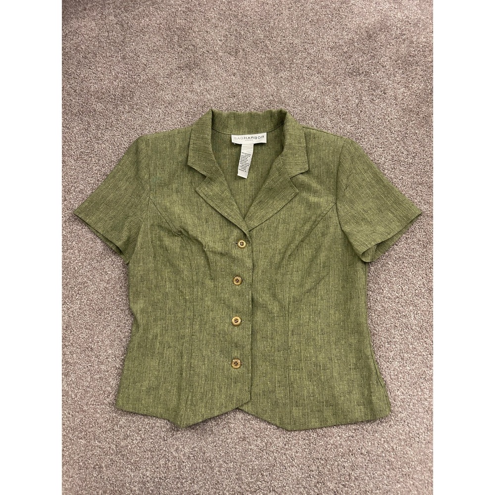 90s Sag Harbor Button Up Top Women 12 Green Excellent Short Sleeve Blouse